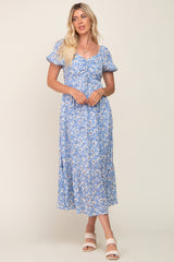 Blue Floral Sweetheart Drawstring Neck Short Sleeve Maternity Midi Dress