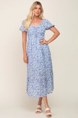 Blue Floral Sweetheart Drawstring Neck Short Sleeve Midi Dress