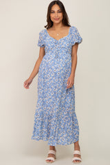 Blue Floral Sweetheart Drawstring Neck Short Sleeve Maternity Midi Dress