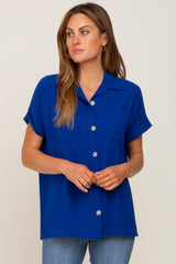 Royal Blue Collared Button-Down Short Sleeve Maternity Blouse