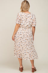 Ivory Floral Chiffon Pleated Short Sleeve Maternity Plus Midi Dress