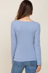 Blue Ribbed Long Sleeve Wrap Maternity Nursing Top