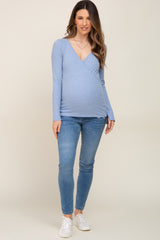 Blue Ribbed Long Sleeve Wrap Maternity Nursing Top