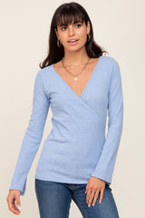 Blue Ribbed Long Sleeve Wrap Maternity Nursing Top