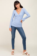 Blue Ribbed Long Sleeve Wrap Nursing Top