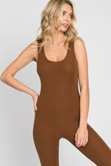 Brown Ribbed Bodycon Jumpsuit