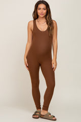 Brown Ribbed Bodycon Maternity Jumpsuit