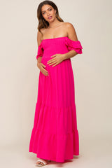 Fuchsia Smocked Ruffle Off Shoulder Tiered Maternity Maxi Dress