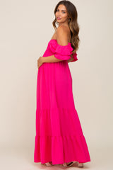 Fuchsia Smocked Ruffle Off Shoulder Tiered Maternity Maxi Dress