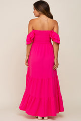 Fuchsia Smocked Ruffle Off Shoulder Tiered Maternity Maxi Dress