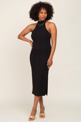 Black Ribbed Mock Neck Sleeveless Side Slit Midi Dress