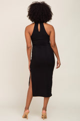 Black Ribbed Mock Neck Sleeveless Side Slit Midi Dress