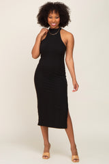 Black Ribbed Mock Neck Sleeveless Side Slit Midi Dress