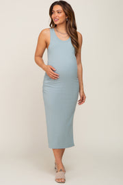 Mint Ribbed Sleeveless Ruched Side Slit Maternity Midi Dress