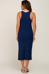 Navy Ribbed Sleeveless Ruched Side Slit Maternity Midi Dress