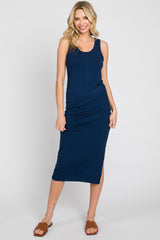 Navy Ribbed Sleeveless Ruched Side Slit Maternity Midi Dress