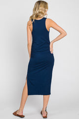 Navy Ribbed Sleeveless Ruched Side Slit Midi Dress