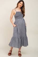 Black Gingham Smocked Maternity Midi Dress