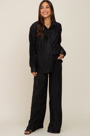 Black Pleated Plisse Button Up Two-Piece Maternity Set