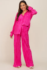 Fuchsia Pleated Plisse Button Up Two-Piece Maternity Set