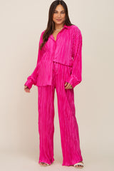 Fuchsia Pleated Plisse Button Up Two-Piece Maternity Set