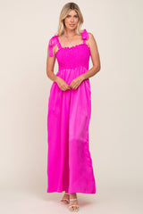 Fuchsia Satin Smocked Square Neck Shoulder Tie Jumpsuit