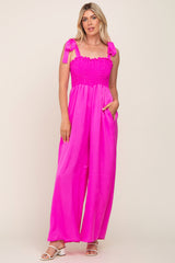 Fuchsia Satin Smocked Square Neck Shoulder Tie Jumpsuit