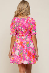 Fuchsia Floral Smocked Puff Sleeve Maternity Dress