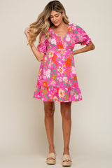 Fuchsia Floral Smocked Puff Sleeve Maternity Dress