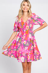 Fuchsia Floral Smocked Puff Sleeve Maternity Dress