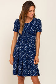 Navy Floral Smocked Short Sleeve Dress