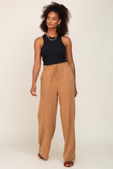 Camel Smocked Waist Wide Leg Linen Pants