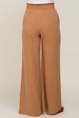 Camel Smocked Waist Wide Leg Linen Maternity Pants