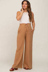 Camel Smocked Waist Wide Leg Linen Maternity Pants