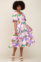 Ivory Watercolor Print Puff Sleeve Midi Dress