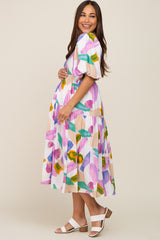 Ivory Watercolor Print Puff Sleeve Maternity Midi Dress