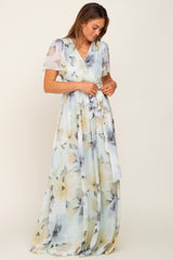 Mint Green Floral Chiffon Wrap Front Short Sleeve Maxi Dress