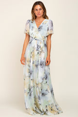 Mint Green Floral Chiffon Wrap Front Short Sleeve Maxi Dress