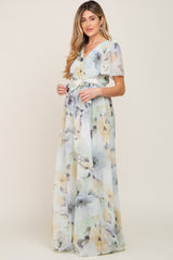 Mint Green Floral Chiffon Wrap Front Short Sleeve Maternity Maxi Dress