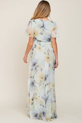 Mint Green Floral Chiffon Wrap Front Short Sleeve Maternity Maxi Dress