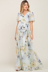 Mint Green Floral Chiffon Wrap Front Short Sleeve Maternity Maxi Dress