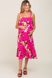 Fuchsia Floral Flounce Shoulder Tie Maternity Midi Dress