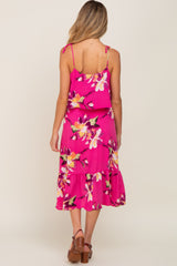 Fuchsia Floral Flounce Shoulder Tie Maternity Midi Dress