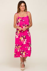 Fuchsia Floral Flounce Shoulder Tie Midi Dress