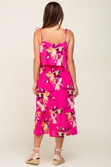 Fuchsia Floral Flounce Shoulder Tie Midi Dress