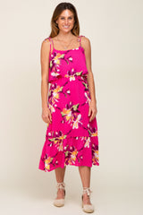 Fuchsia Floral Flounce Shoulder Tie Midi Dress