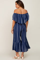 Navy Striped Off Shoulder Maternity Jumpsuit