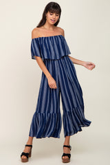 Navy Striped Off Shoulder Maternity Jumpsuit