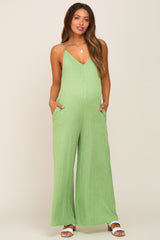 Light Olive Rib Knit Wide Leg Maternity Jumpsuit