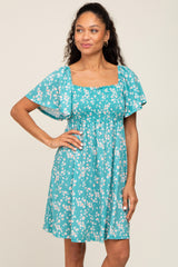 Teal Floral Smocked Dress